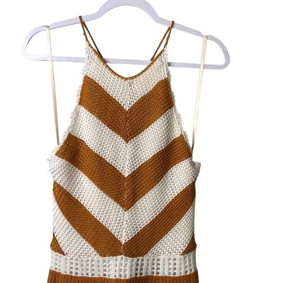 BCBG Sweater Halter Dress in Ivory & Caramel Spice Crochet Knit Stripe Lined - Picture 4 of 16